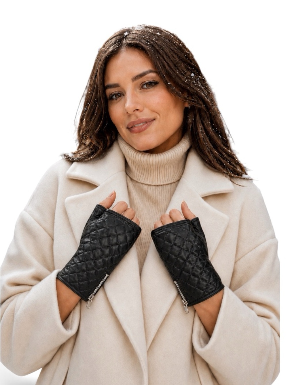Portolano Black Quilted Leather Fingerless Side Zip Gloves Size 7 NWT